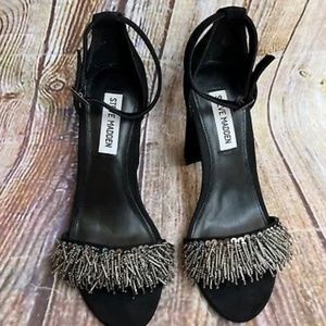 STEVE MADDEN Black Suede SHINE Heels Ankle Strap Beaded Silver Fringe Shoes 7.5